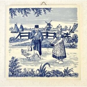 Vintage Delft Blue Ceramic Tile Dutch Scene Windmill Geese Holland Wall Art 6x6‎